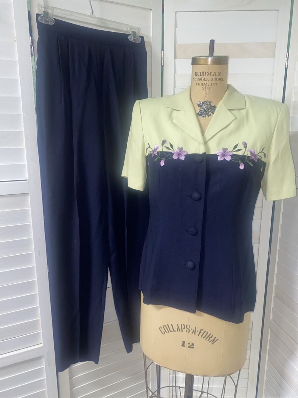 S.L. Fashions Vintage Black Green 80’s 2 Piece Pants Suit Size 8